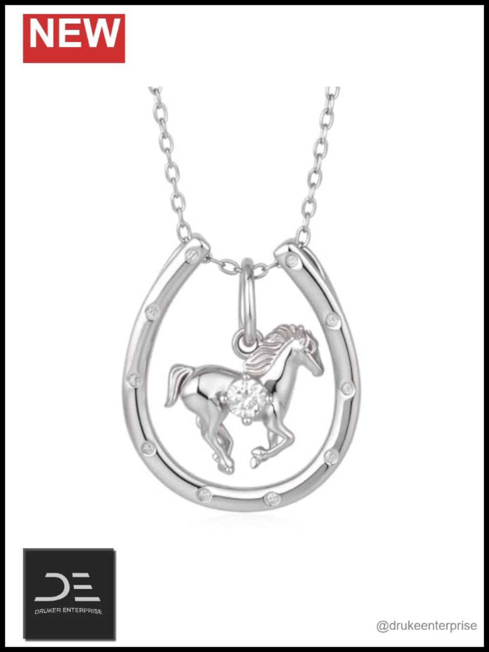 Sterling Silver Horseshoe Necklace Lab Diamond Pendant Rolo Chain Women Jewelry